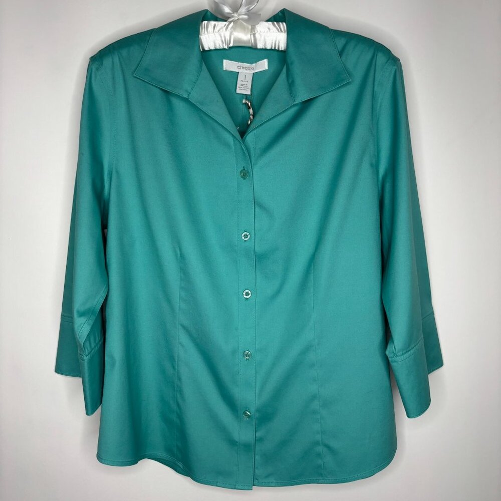 Chico's Women's No-Iron Button Up Top Size 1P/US MP Teal 3/4 Sleeve NWT